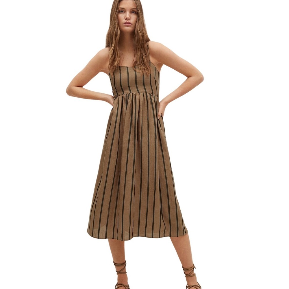 Mango Linen Cotton Brown Striped Midi Dress 2
